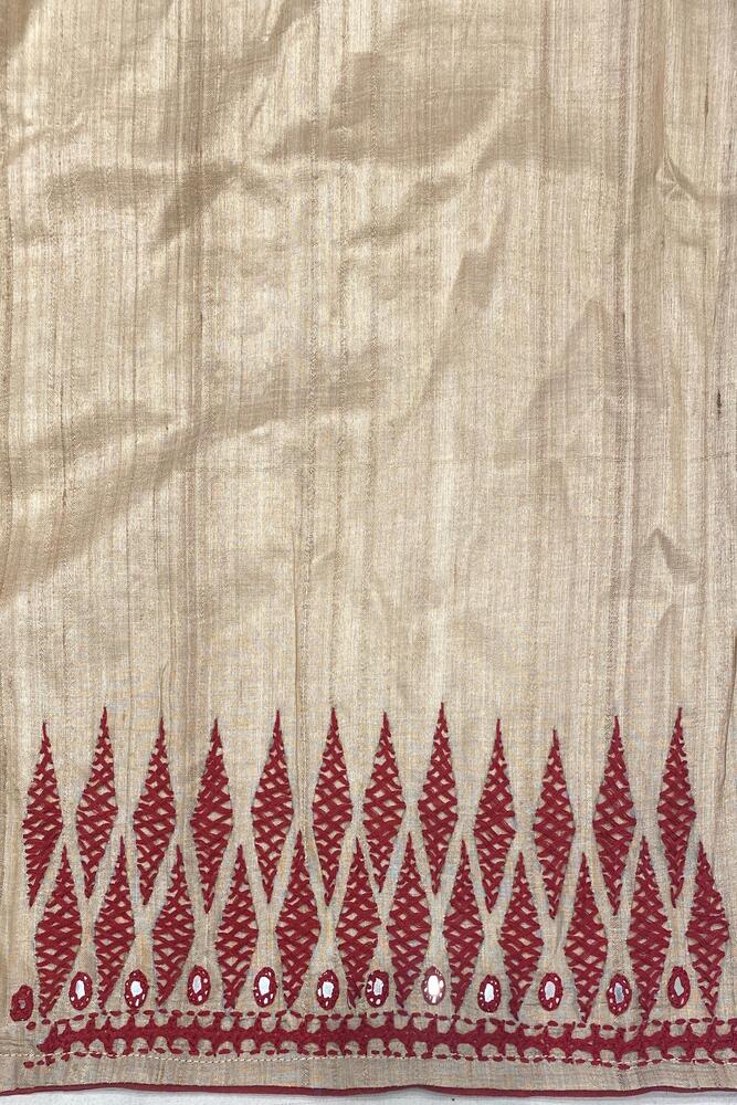 Off-White Tussar Embroidery Saree With Kathiawari Work Border, With Unstitched Blouse