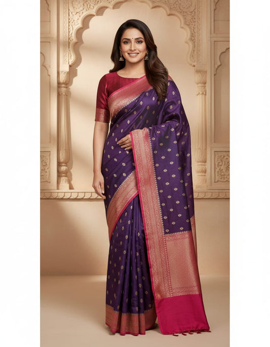 Violet Munga Banarasi silk saree from Saarang Sarees with intricate gold zari work and an unstiched blouse for traditional wear.