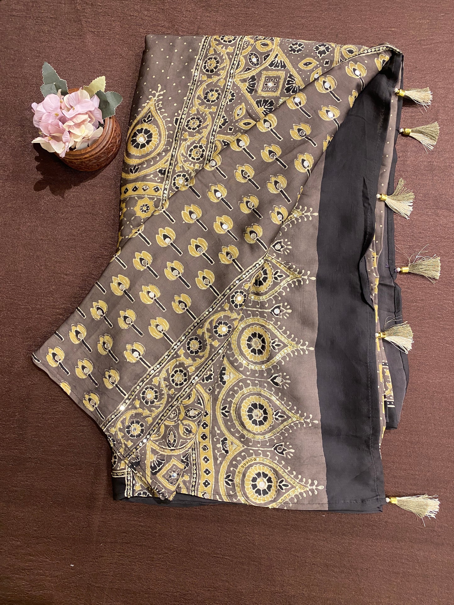 Deep Grey Pure Modal Silk Ajrakh Printed Saree With Unstiched Blouse