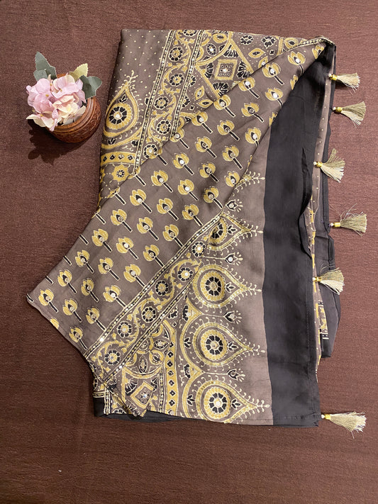 Deep grey Pure Modal Silk Ajrakh printed saree with embroidery and unstiched blouse, traditional wear by Saarang Sarees.