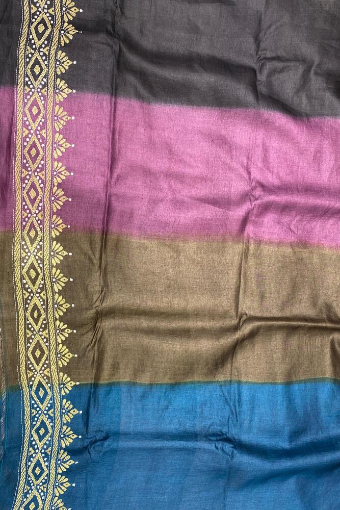 Violet & Grey Tussar Embroidery Saree With Kantha Work Border, With Unstitched Blouse