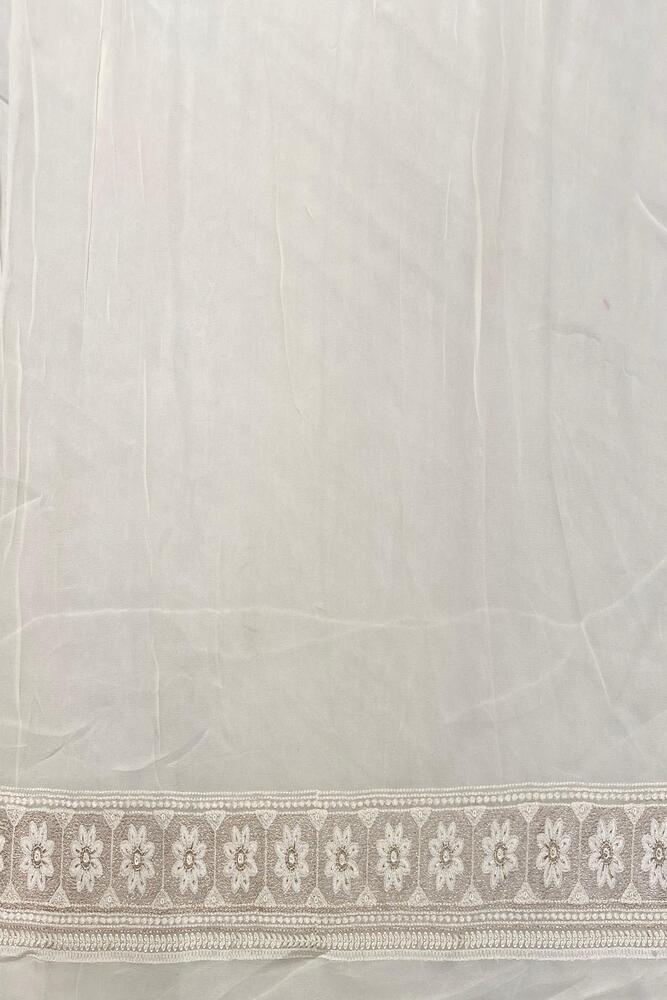 Off-White Printed Georgette Saree With Resham Embroidery Work, With Unstiched Blouse