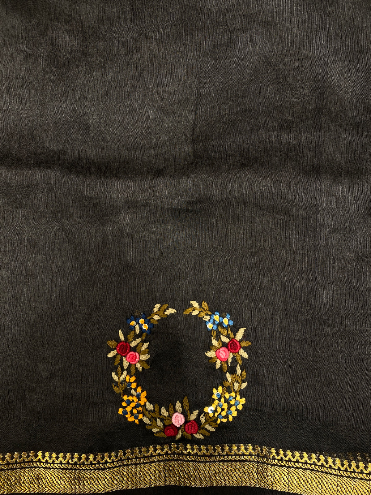 Black Linen Silk Saree Hand Embroidered Work, With Unstiched Blouse