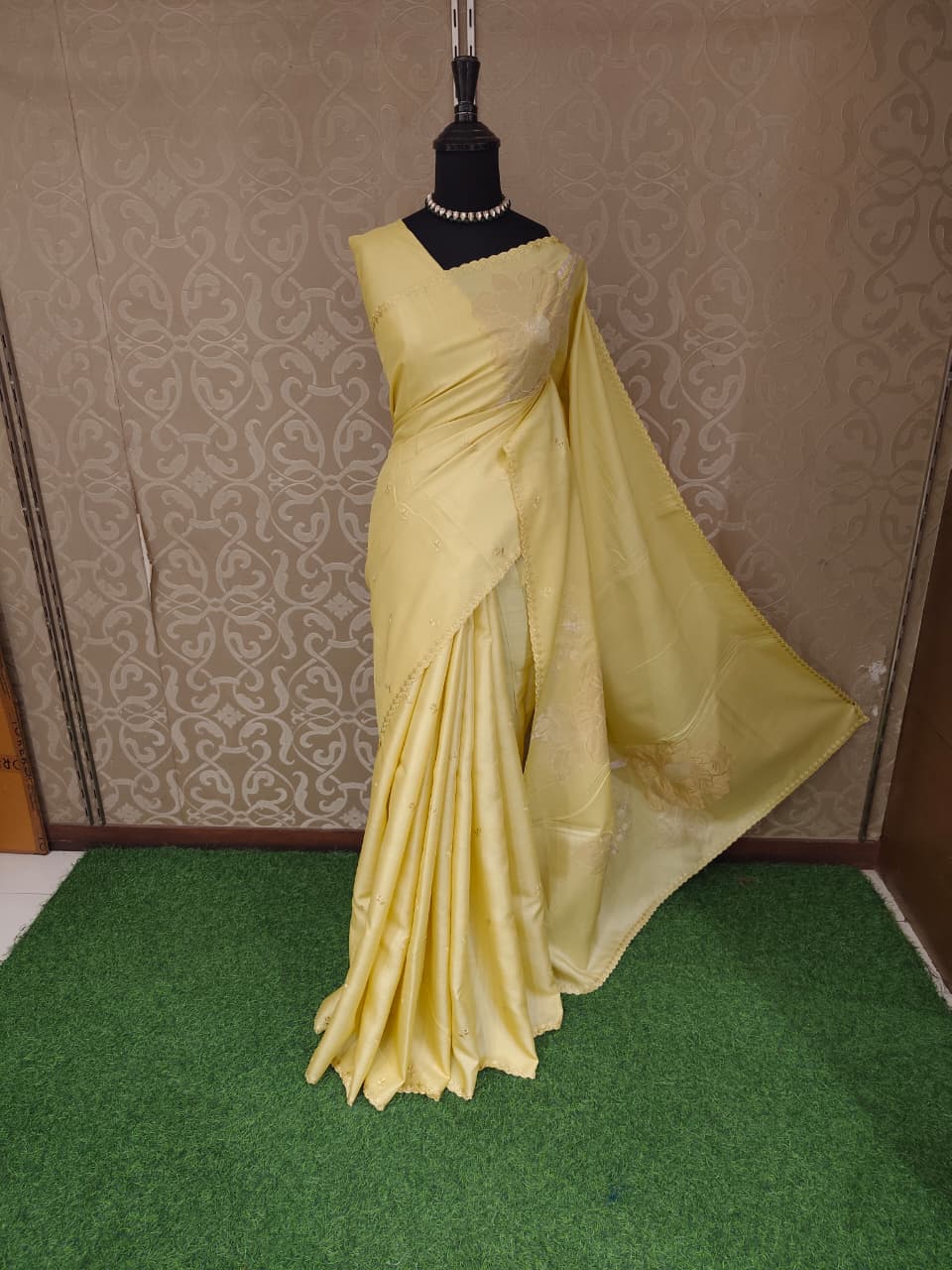 Yellow Tussar Applique Work Saree, With Unstiched Blouse