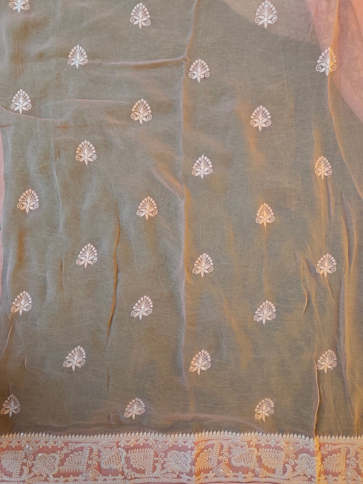 Peach Pink Georgette Chikankari Embroidery Saree, With Unstitched Blouse