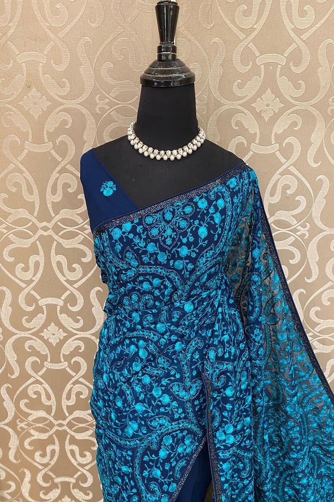 Navy Blue Georgette Saree With Kashmiri Work, With Unstiched Blouse