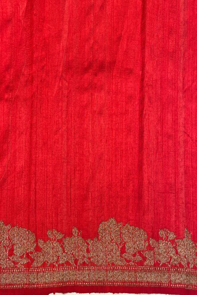 Black pure raw Tussar Banarasi silk saree with hand-woven motifs and unstiched blouse, traditional wear by Saarang Sarees.