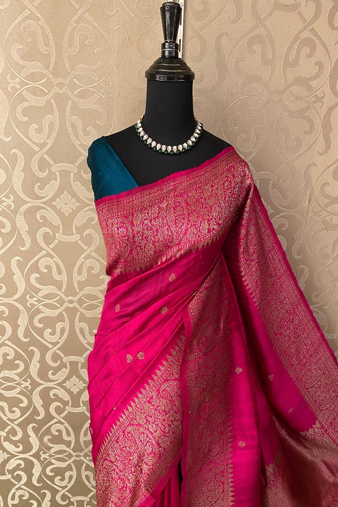 Rani Pure Raw Tussar Banarasi Silk Saree, Hand Woven Motifs With Unstiched Blouse