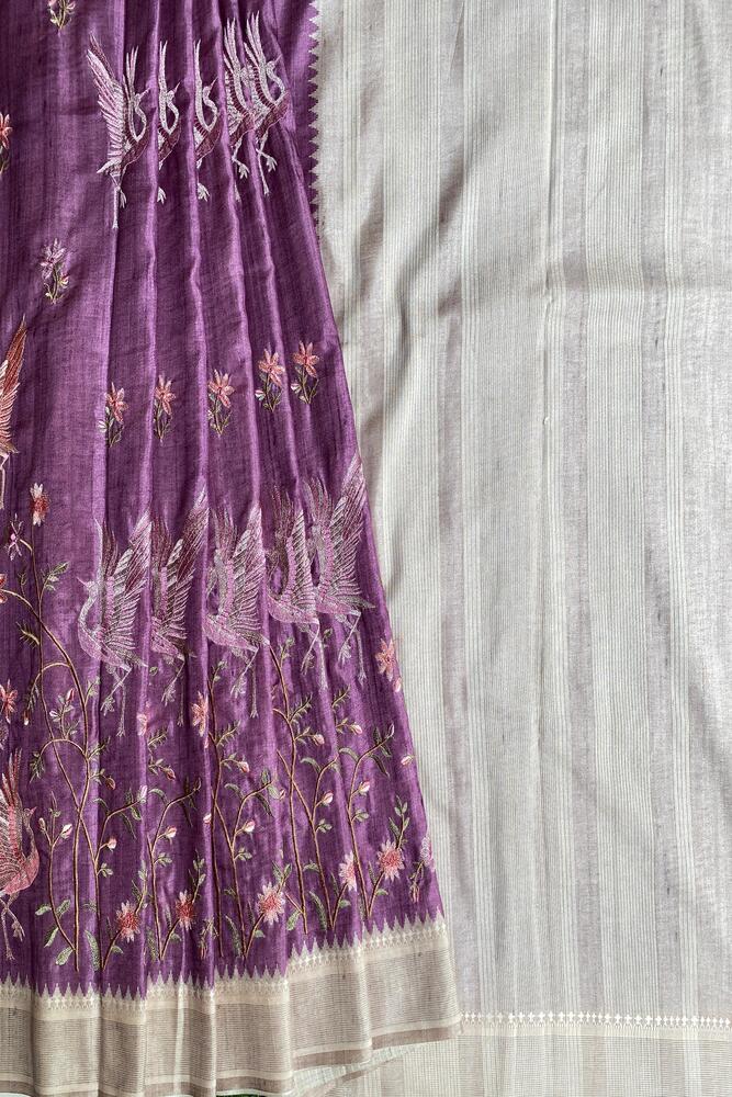 Purple Tussar Cotton Resham Work Saree, With Unstiched Blouse
