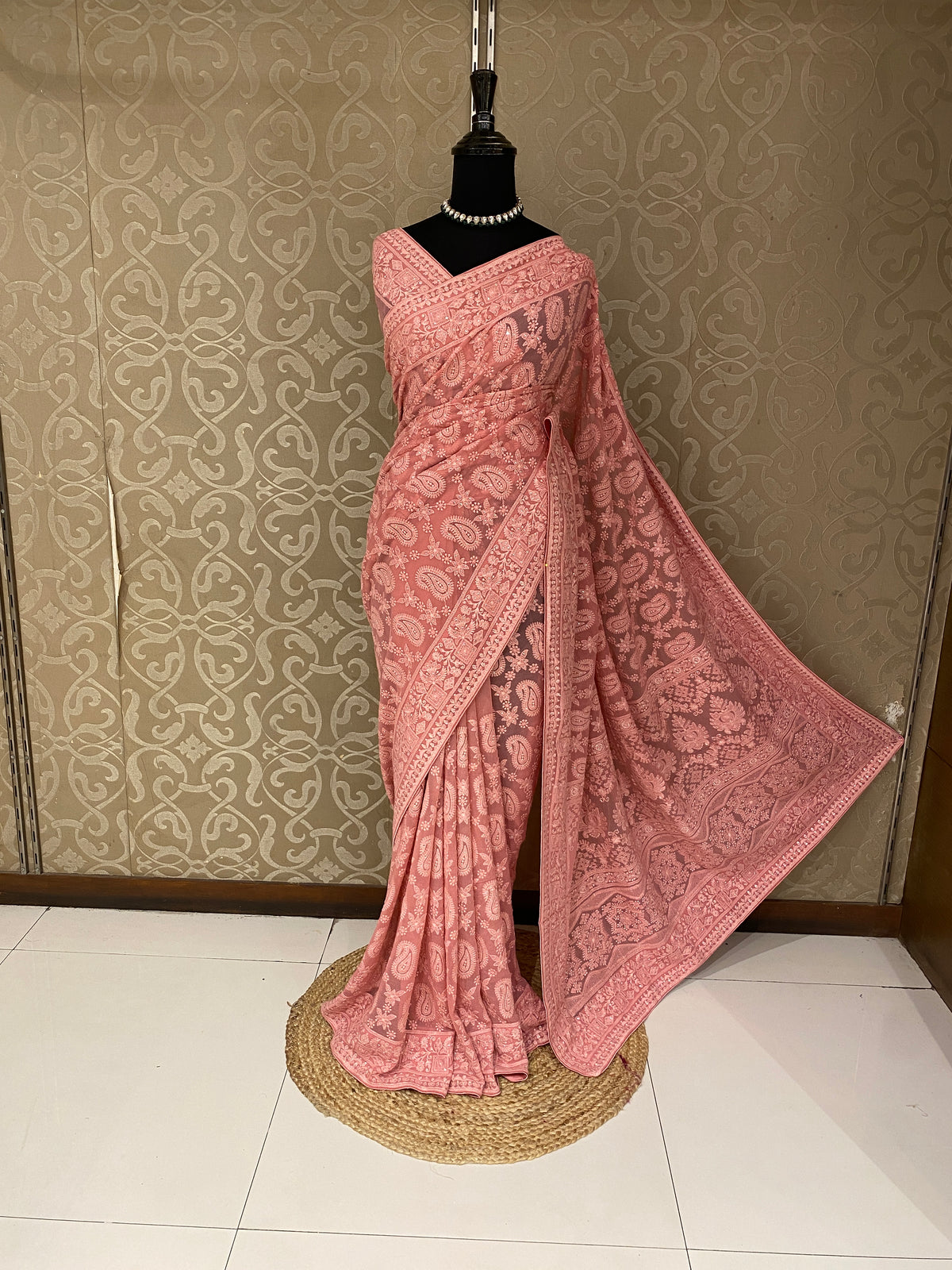 Pink Georgette Chikankari Embroidery Saree, With Unstitched Blouse