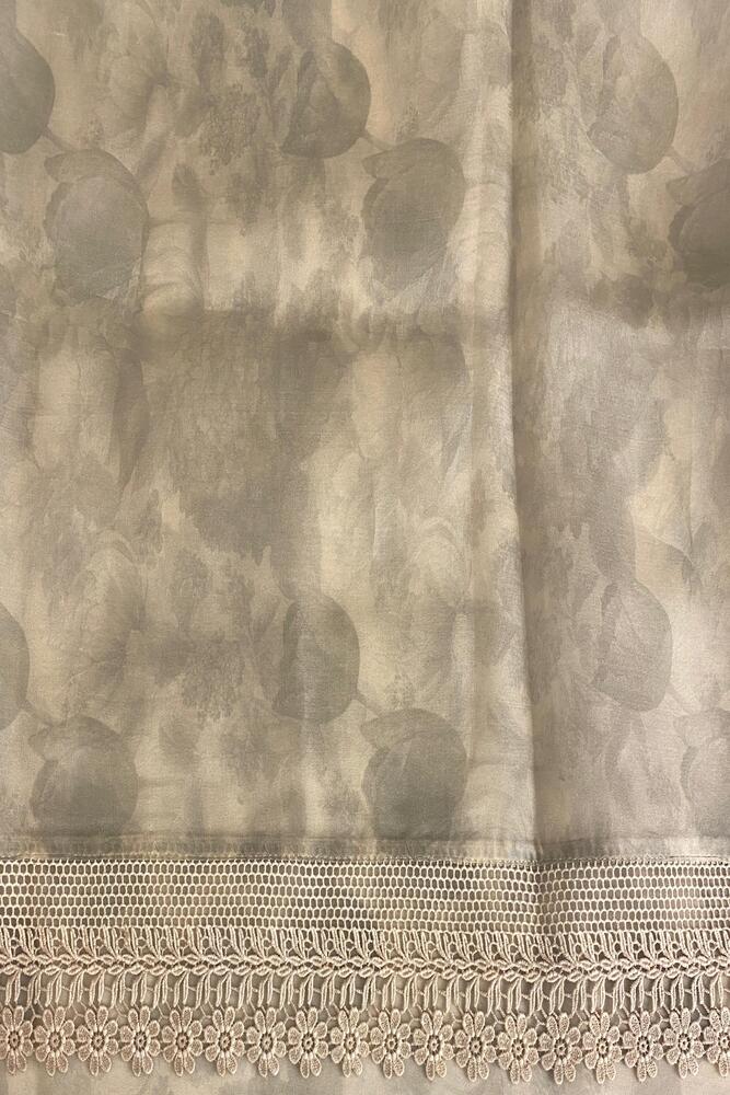 Grey Printed Organza Lace Work Saree, With Unstiched Blouse