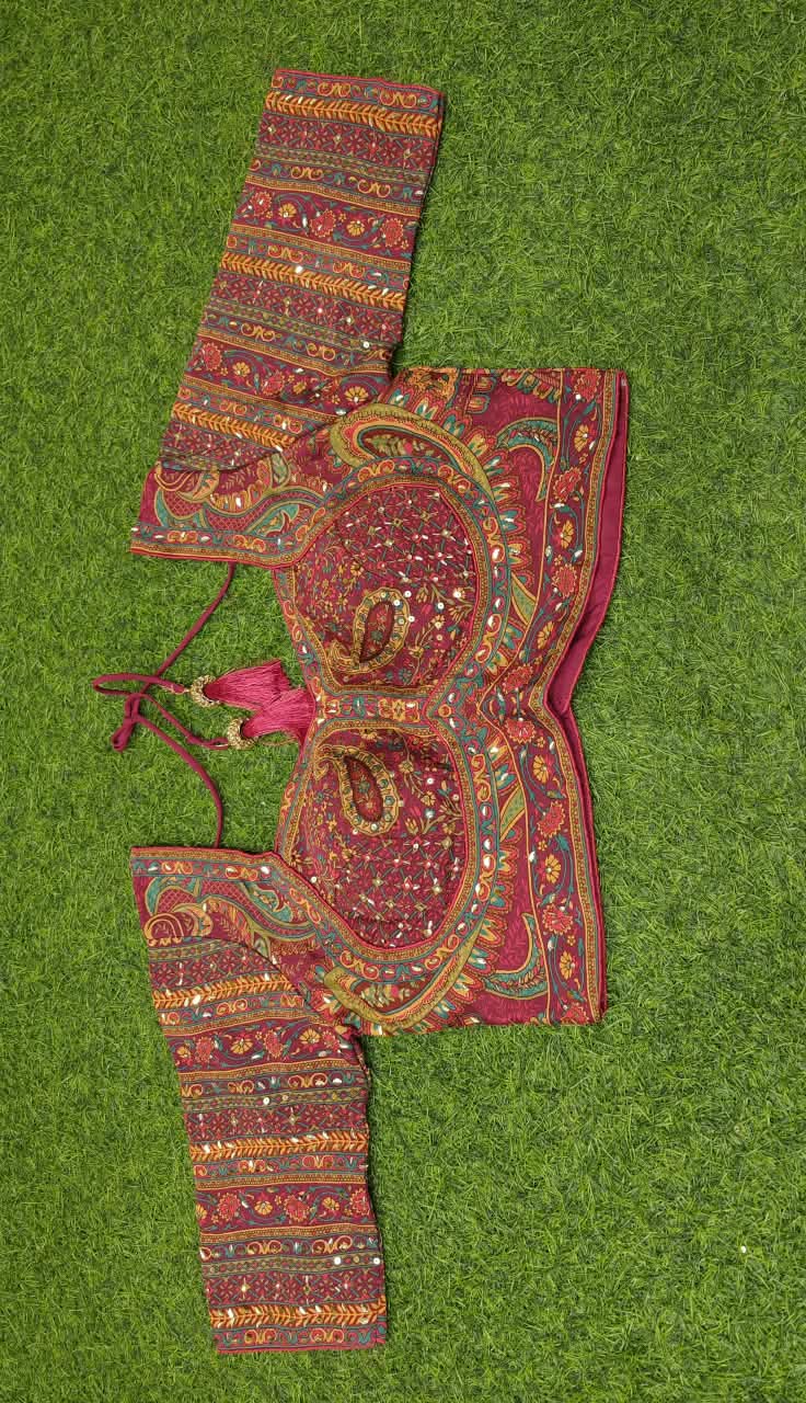 Wine & Multi Crepe Printed Stone Work Saree, With Readymade Blouse