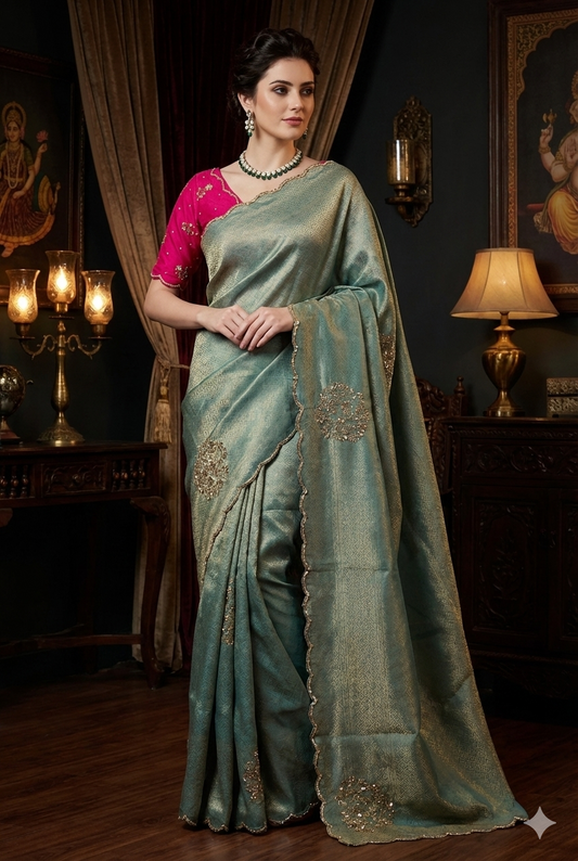 Sky Tissue Silk Embroidery Saree, With Unstiched Blouse