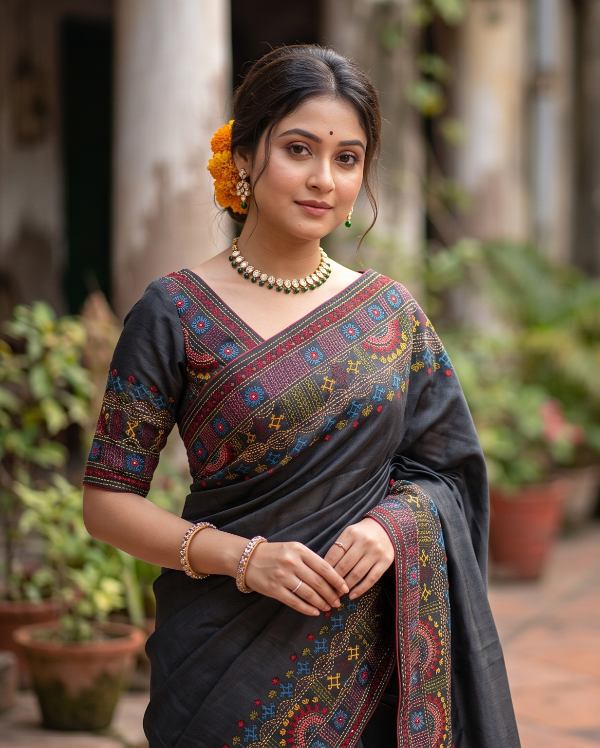 Black Tussar Embroidery Saree With Lambani Work Border, With Unstitched Blouse