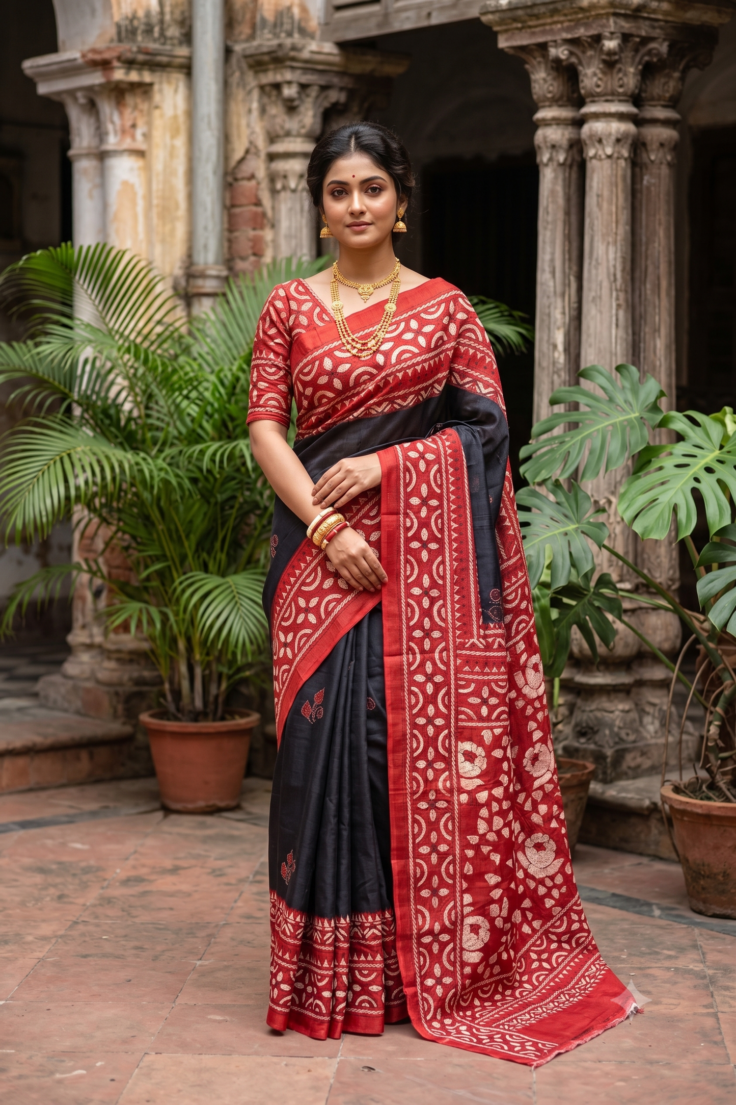 Black Red Tussar Embroidery Saree With Kantha Work Border, With Unstitched Blouse