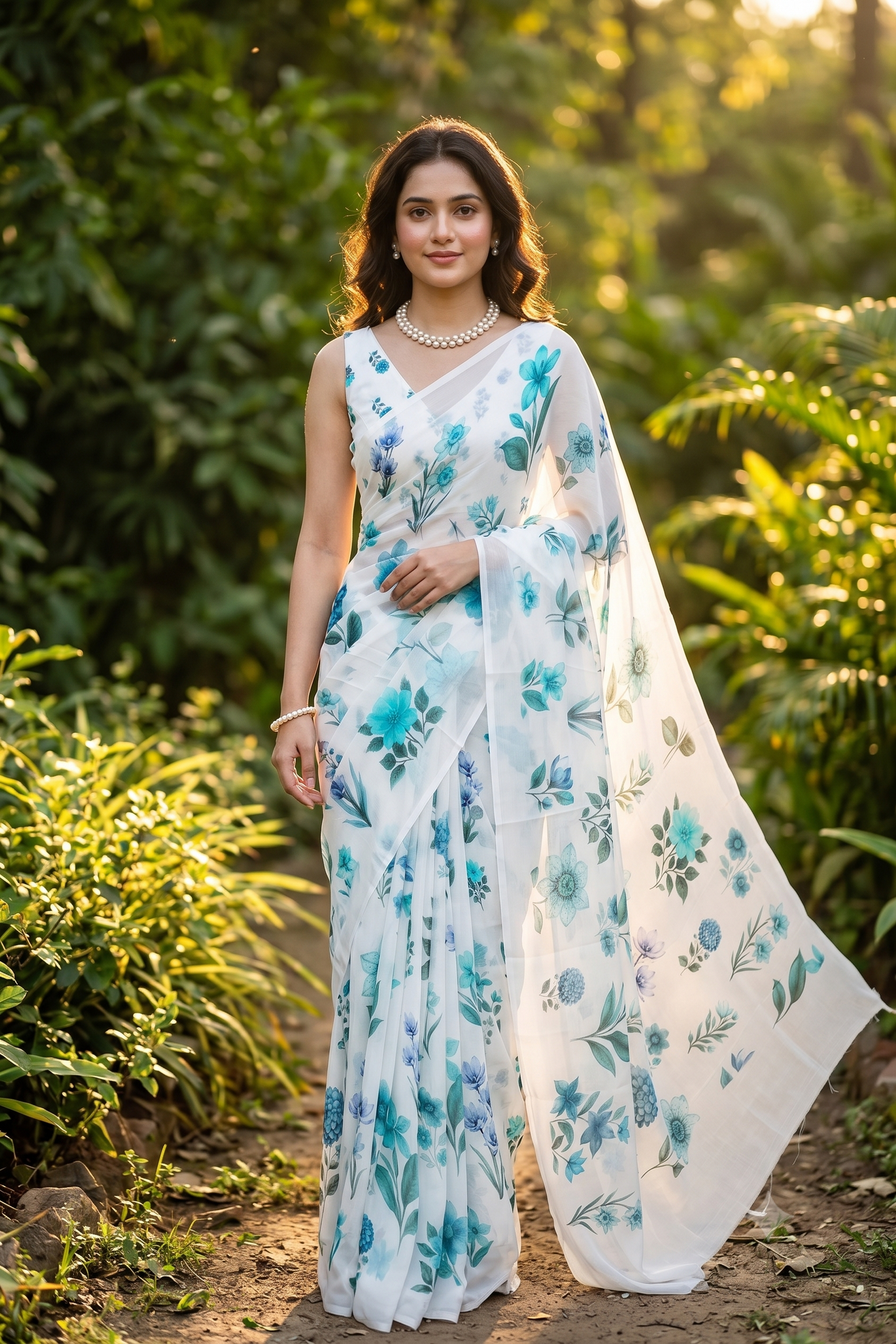Off-White Floral Printed Chiffon Saree, With Unstiched Blouse Piece