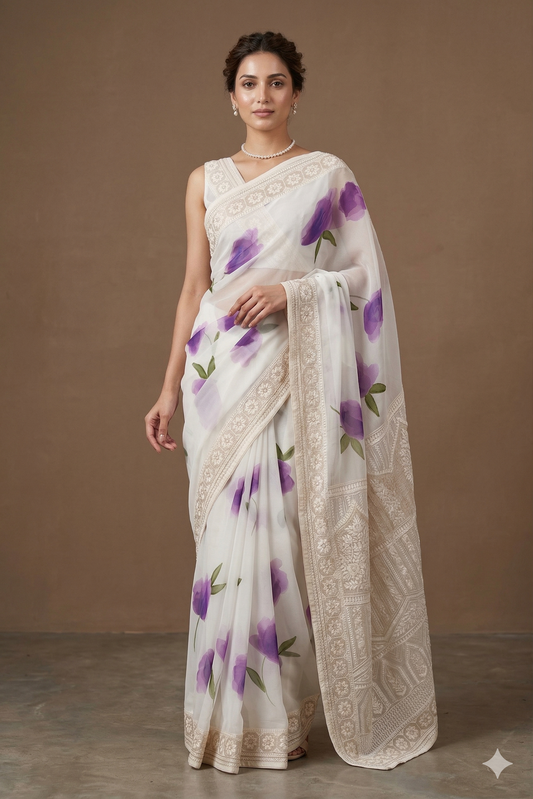 Off-White Printed Georgette Saree With Resham Embroidery Work, With Unstiched Blouse