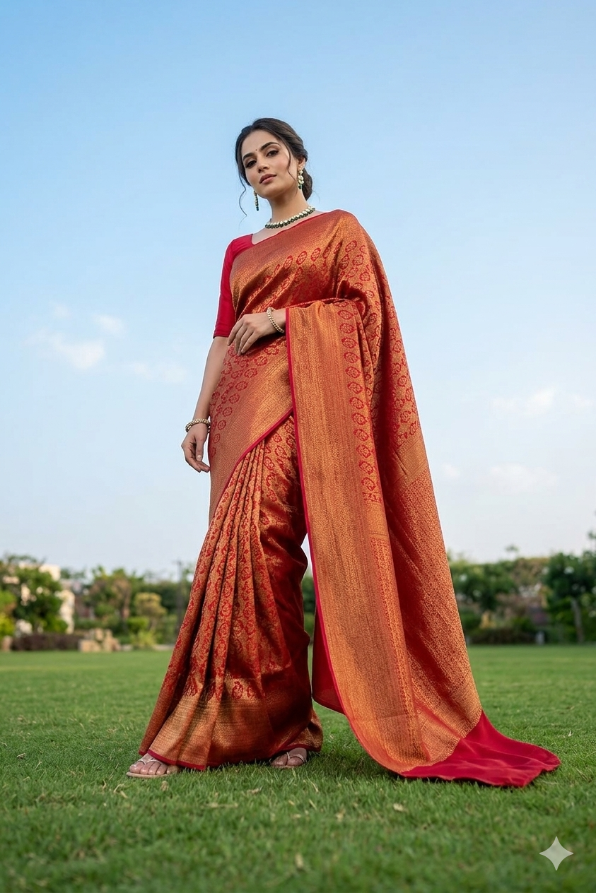 Saarang Sarees Rani Mysore Crepe saree with Rangkat work for party wear, includes unstiched blouse, vibrant traditional Indian attire.