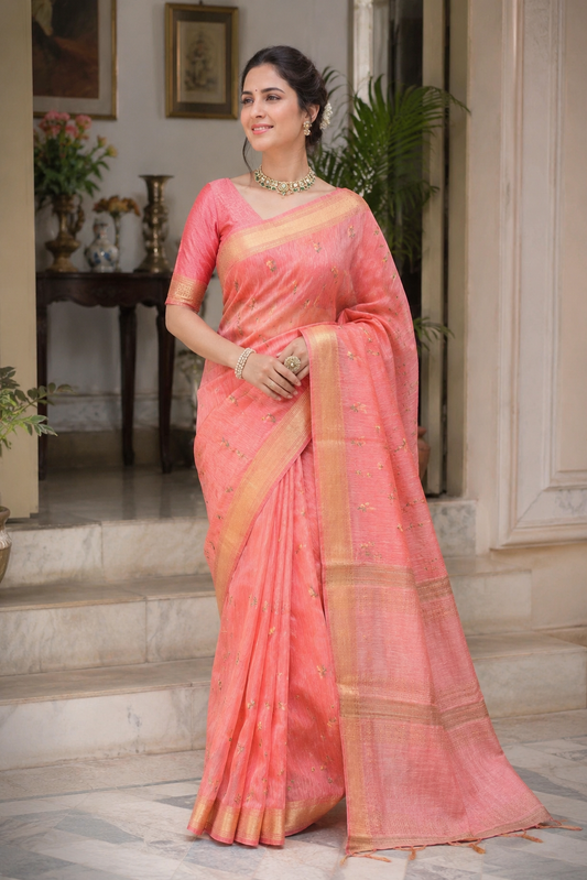 Peach Pink Pure Linen Kashmiri Work Saree With Unstiched Blouse