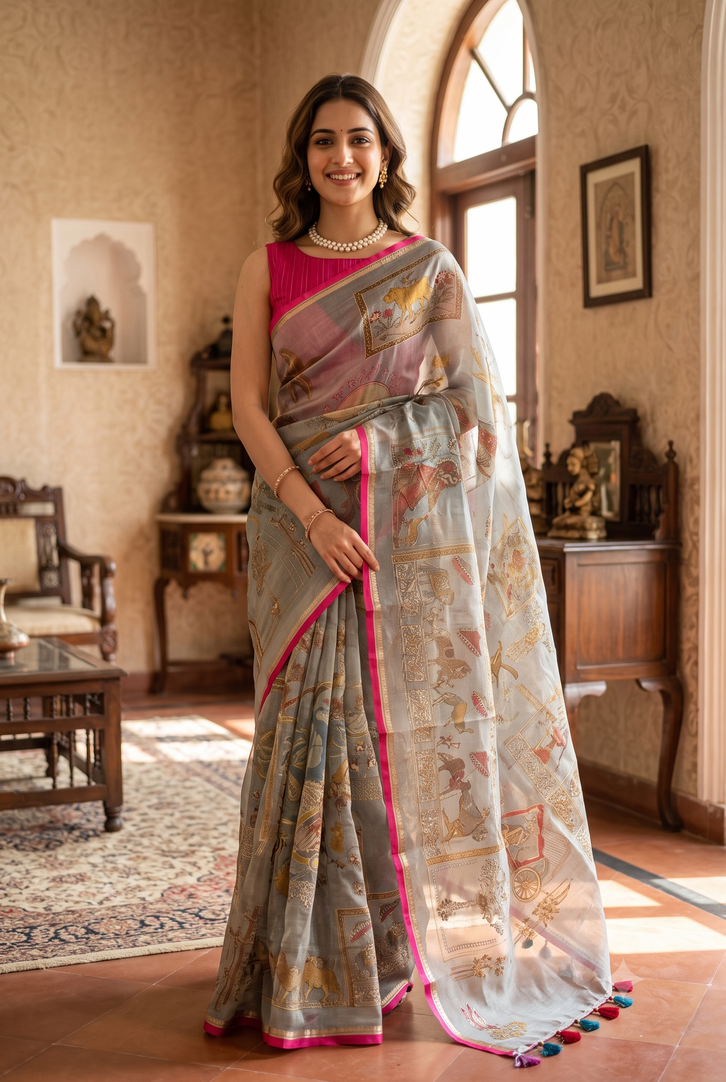 Grey Tissue Organza Silk With Ari Work Saree, With Unstiched Blouse