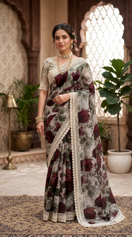 Grey Printed Organza Lace Work Saree, With Unstiched Blouse