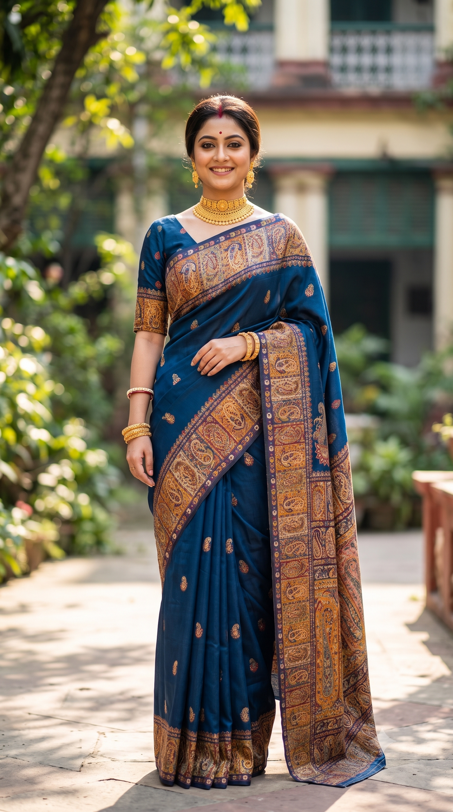 Navy Blue Pure Kani Handloom Silk Saree With Floral Woven Blouse