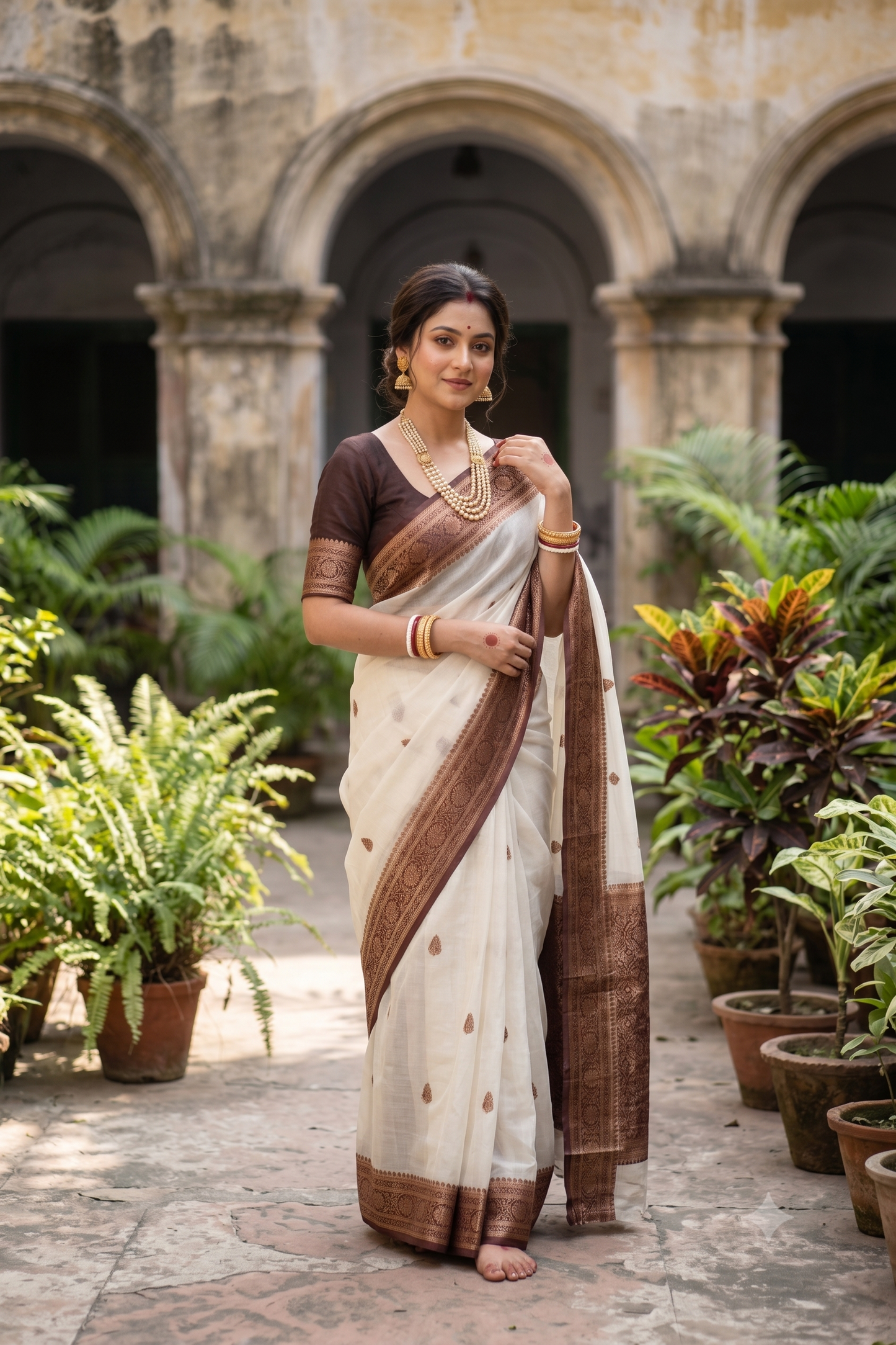 White Kora Banarasi Silk Saree, With Unstiched Blouse