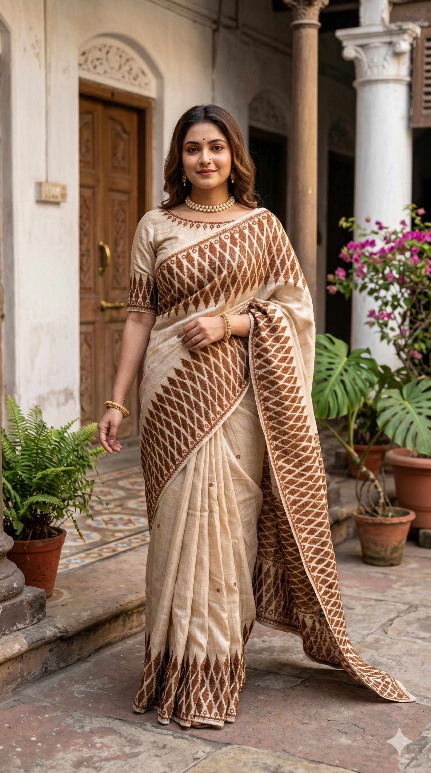 Off-White Tussar Embroidery Saree With Kathiawari Work Border, With Unstitched Blouse