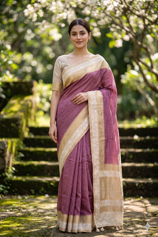 Mauve pure Munga Banarasi silk saree with hand-woven motifs and unstiched blouse, traditional wear by Saarang Sarees.