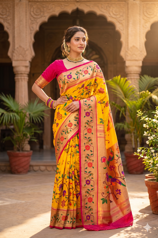 Mustard yellow and purple Paithani silk saree with intricate border, paired with an unstiched blouse, traditional wear by Saarang Sarees.