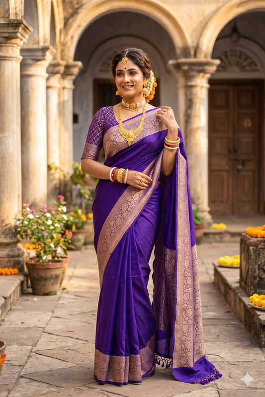 Purple Mysore Crepe Silk Banarasi saree with intricate gold zari work and matching unstiched blouse, traditional Indian wear.