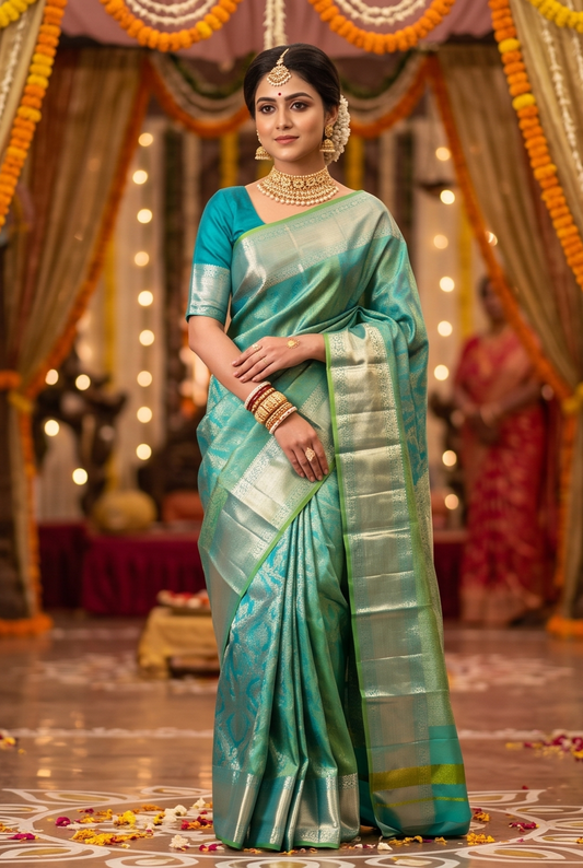 Greenish Blue Pure Kanjeevaram Silk Saree, With Unstiched Blouse