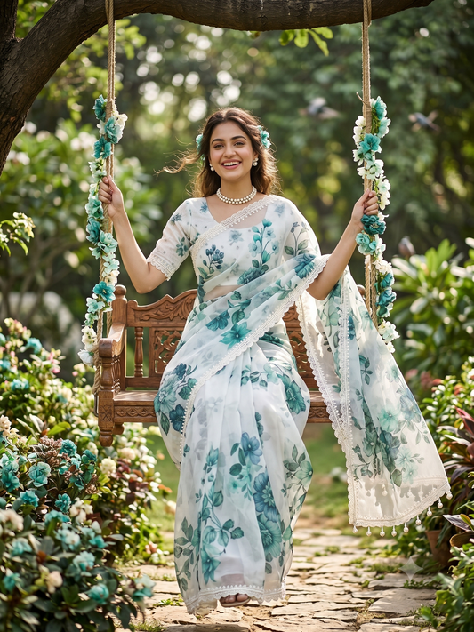 Off-White Organza Saree With Perl Work, With Unstitched Blouse