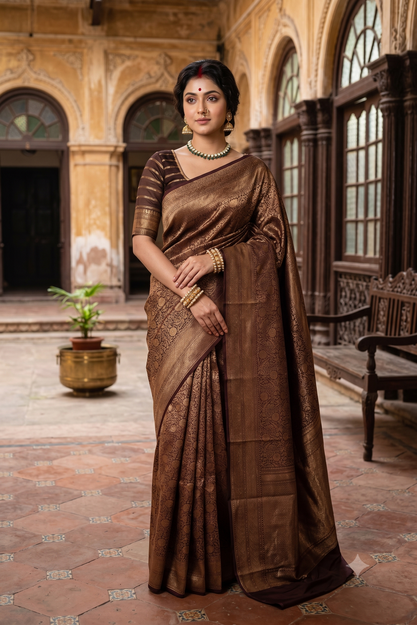 Coffee Brown Brocade Kora Banarasi Silk Saree, With Unstiched Blouse