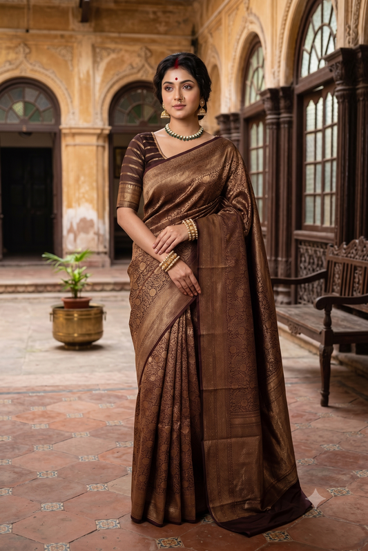 Coffee Brown Brocade Kora Banarasi Silk Saree, With Unstiched Blouse