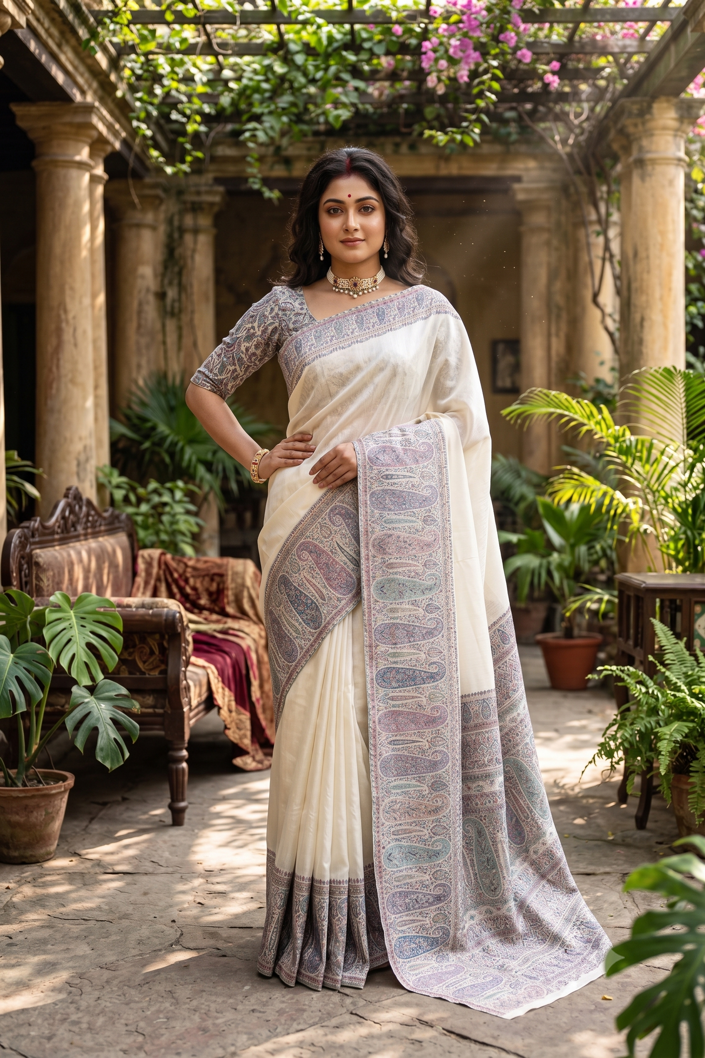 Off-White Pure Kani Handloom Silk Saree With Floral Woven Blouse