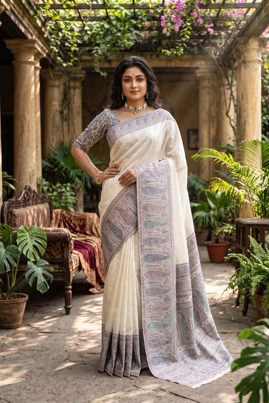 Off-White Pure Kani Handloom Silk Saree With Floral Woven Blouse