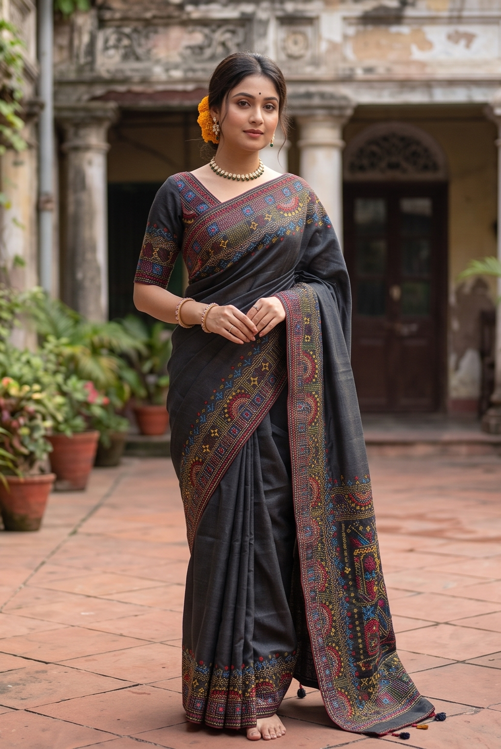 Black Tussar Embroidery Saree With Lambani Work Border, With Unstitched Blouse