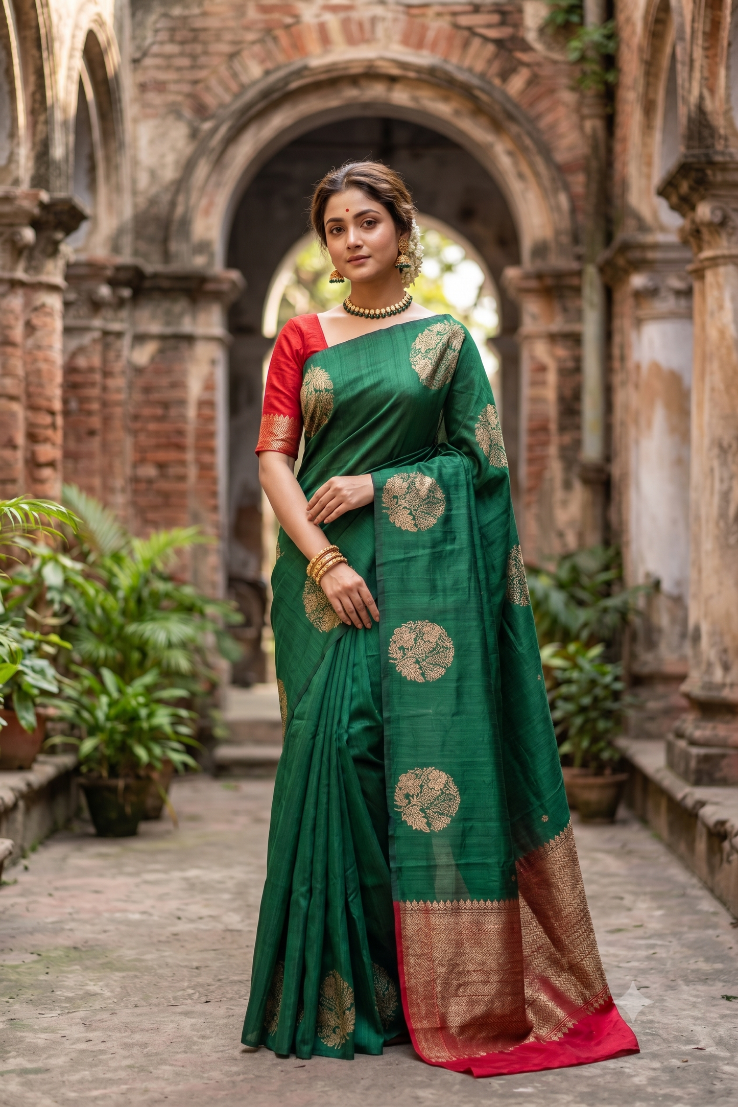 Deep Green Pure Raw Tussar Banarasi Silk Saree, Hand Woven Motifs With Unstiched Blouse