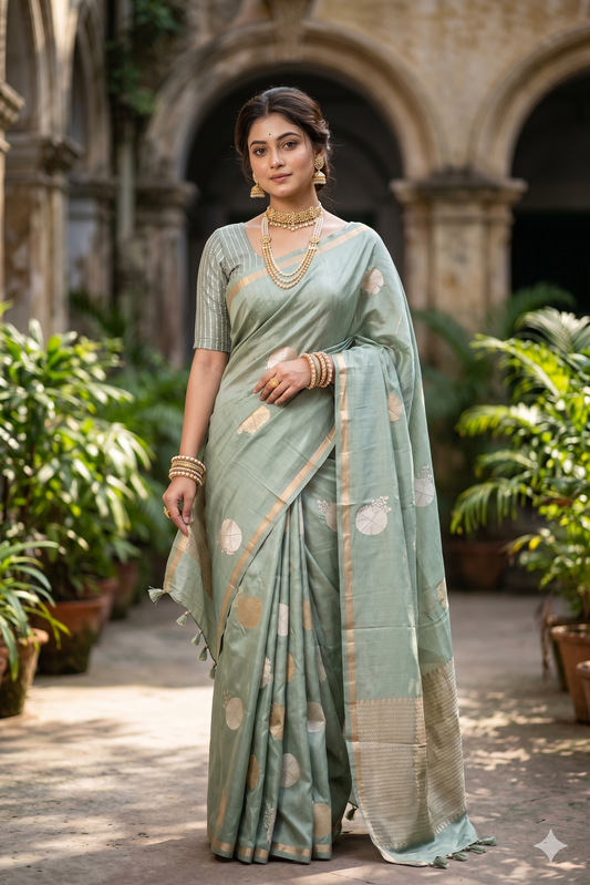 Pastel Blue Mashru Silk Banarasi Handloom Saree, With Unstiched Blouse