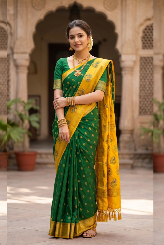 Parrot Green Gadwal Silk Sarees With Unstiched Blouse
