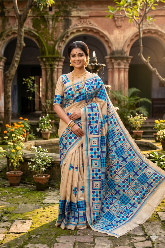 Beige Tussar embroidery saree with kantha work border and unstitched blouse, traditional wear by Saarang Sarees.