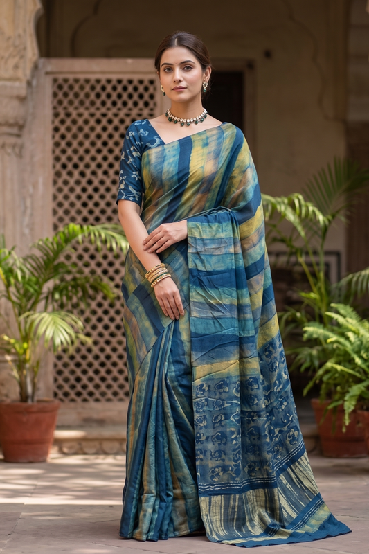 Multi Pure Modal Silk Ajrakh Printed Saree With Unstich Blouse