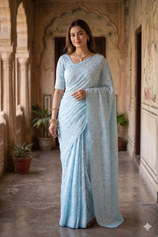 Sky blue cotton Chikankari saree by Saarang Sarees with an unstiched blouse, perfect for party wear, featuring intricate hand embroidery.