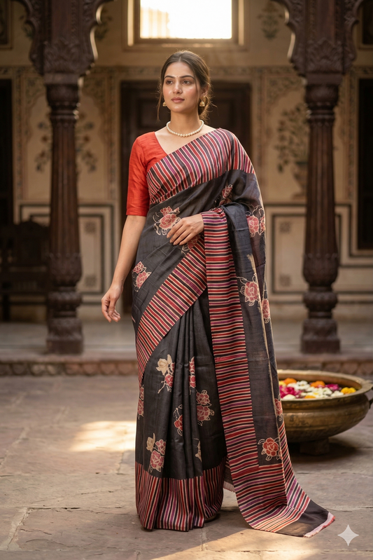 Black Tussar Silk printed saree with matching unstitched blouse, traditional wear by Saarang Sarees, shown draped on a mannequin.