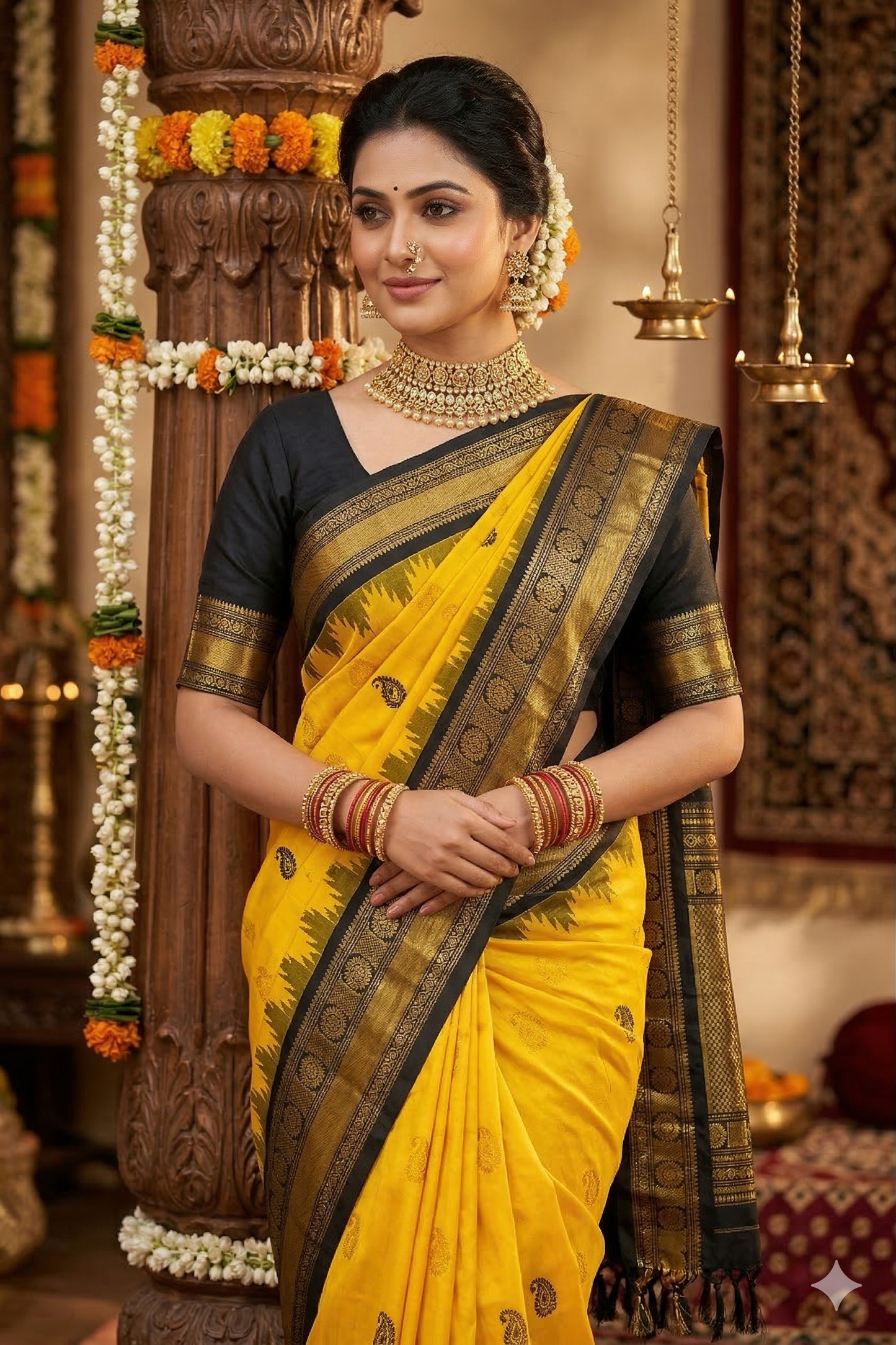 Yellow Gadwal silk saree with traditional unstitched blouse, showcasing intricate designs and vibrant silk fabric.