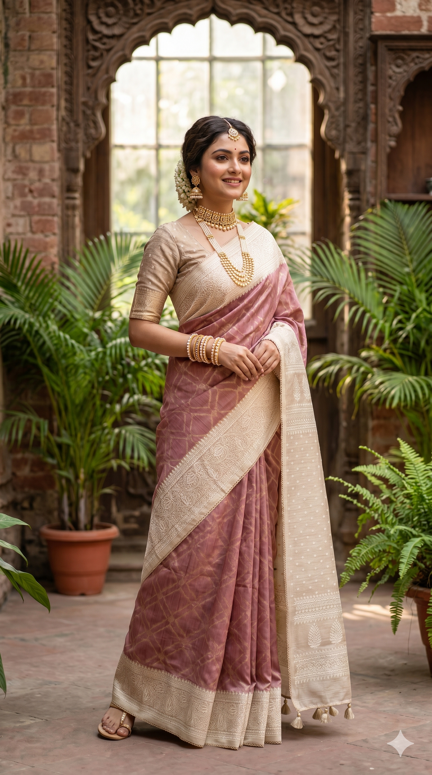 Brown Munga Handloom Saree With Chikankari Work, With Unstiched Blouse
