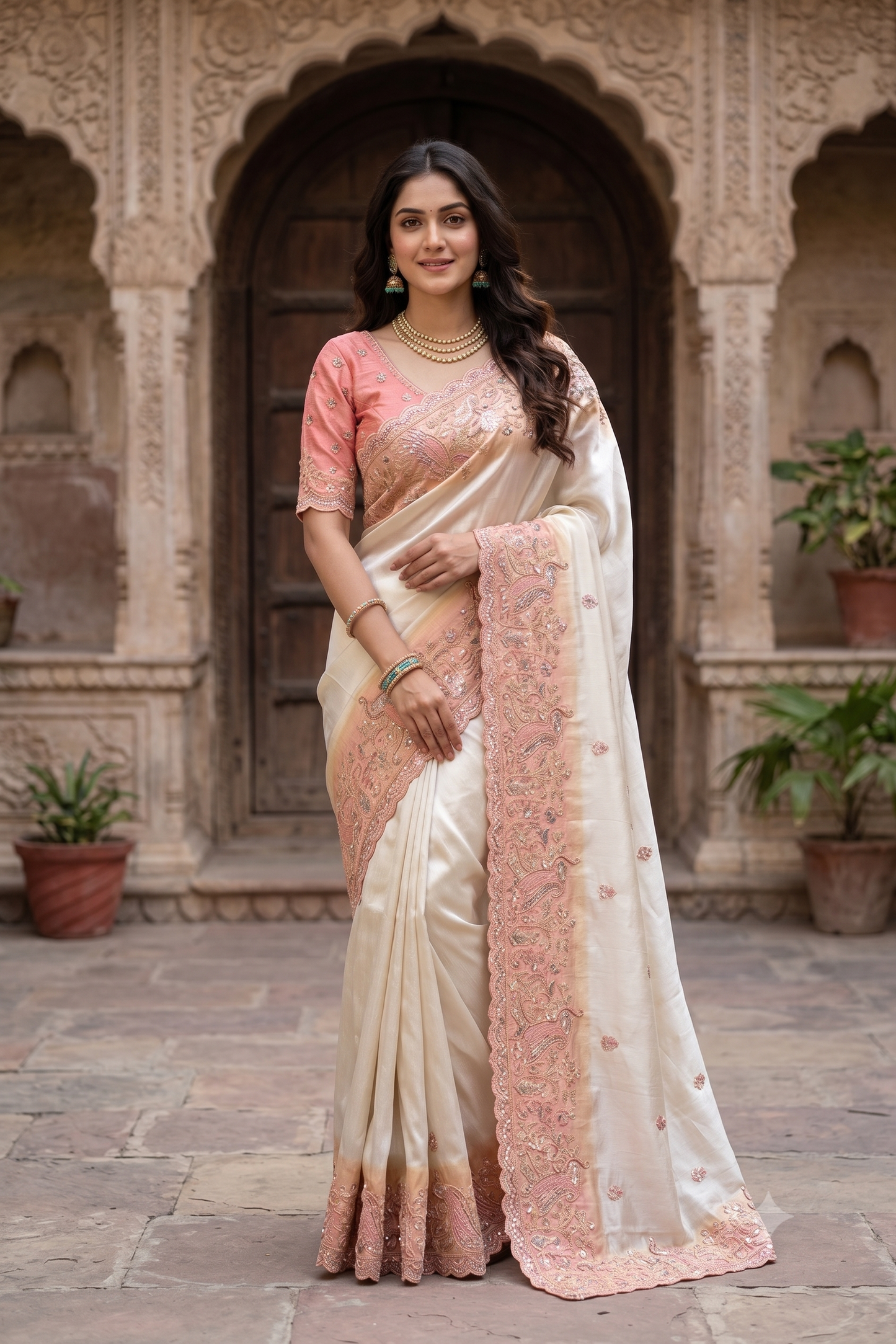 Off-White Tissue Kanjeevaram Silk Sarees With Embroidery Work, With Unstiched Blouse