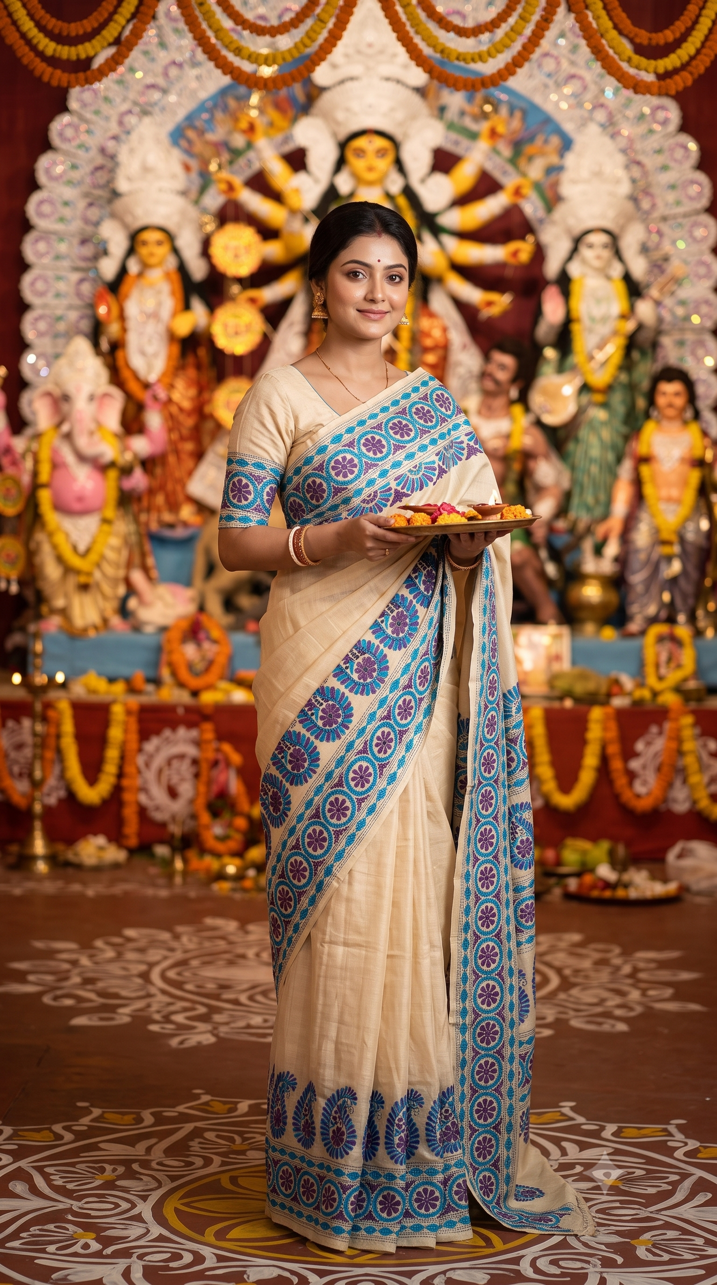 Off-White Tussar Embroidery Saree With Kantha Work Border, With Unstitched Blouse