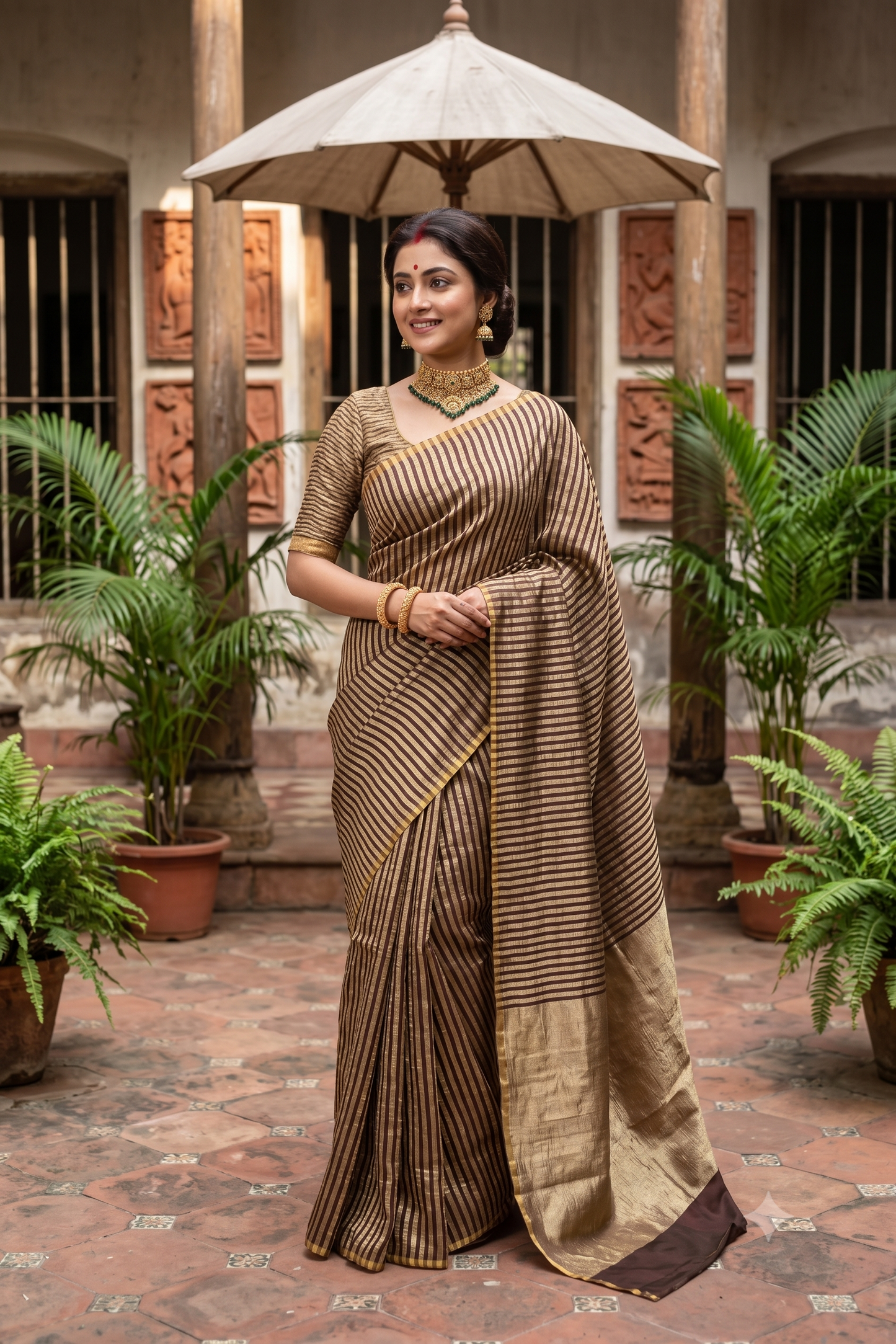 Gold & Dark Brown Zari Stripe Munga Borderless Saree, With Unstiched Blouse